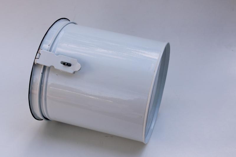modern farmhouse white enamelware metal kitchen canister, large round tin hinged lid