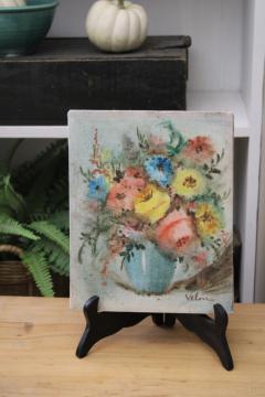 modern floral still life art on stretched canvas, small unframed picture coral blue green yellow