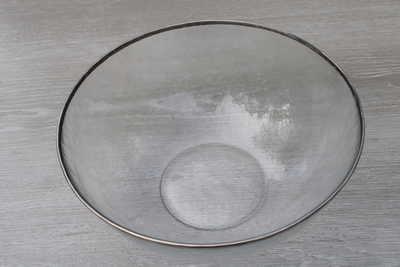 Modern Glass Salad Snack Bowl Platinum Silver Band Hammered Texture Glass 5505