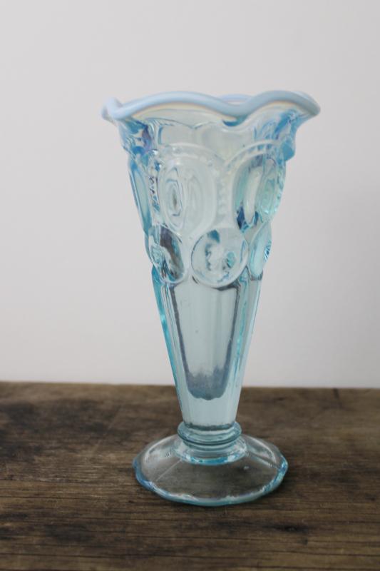 moon and stars pattern glass trumpet vase, milk white crest blue opalescent glass