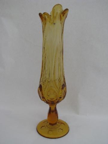 moon & star pattern pressed glass bud vase, vintage amber color