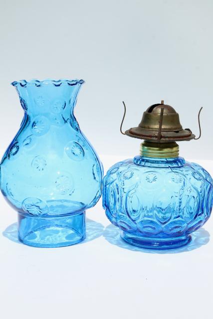 moon & stars pattern blue glass font & hurricane chimney shade, vintage kerosene oil lamp