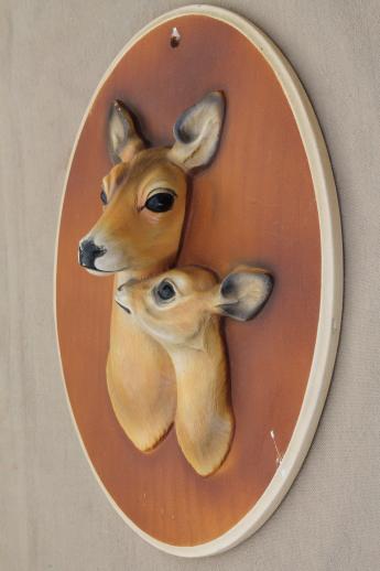 mother & baby fawn deer wall art, rustic vintage chalkware deer head wall plaque