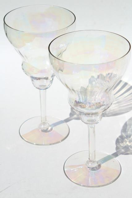 mother of pearl iridescent glass wine glasses, vintage tulip shape goblets
