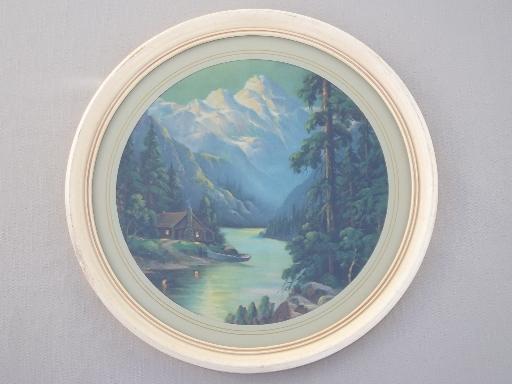 mountain cabin scene antique framed round print, R Atkinson Fox vintage