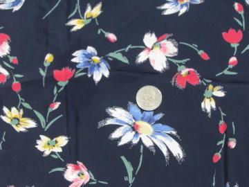 multi-colored daisy chain floral on navy blue, vintage rayon fabric