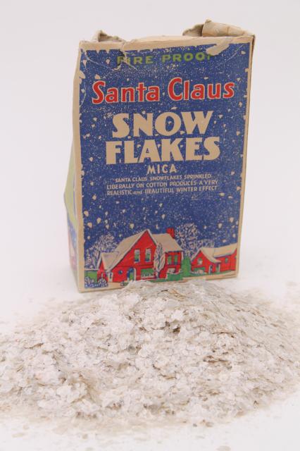 natural mica flakes glitter snow, vintage Christmas putz village craft decor in old box