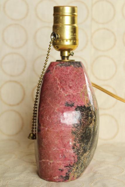 natural polished stone table lamp, rose pink and black marbled red granite