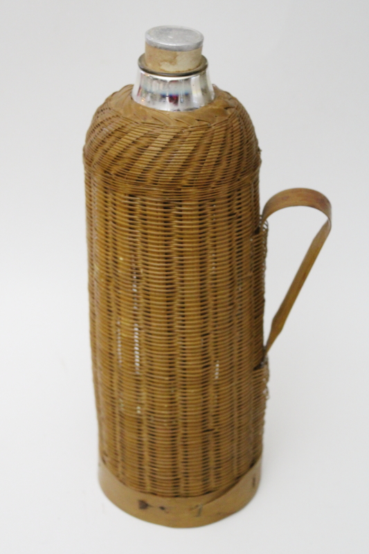 natural woven bamboo basket covered bottle, vintage style glass thermos w/ cork stopper