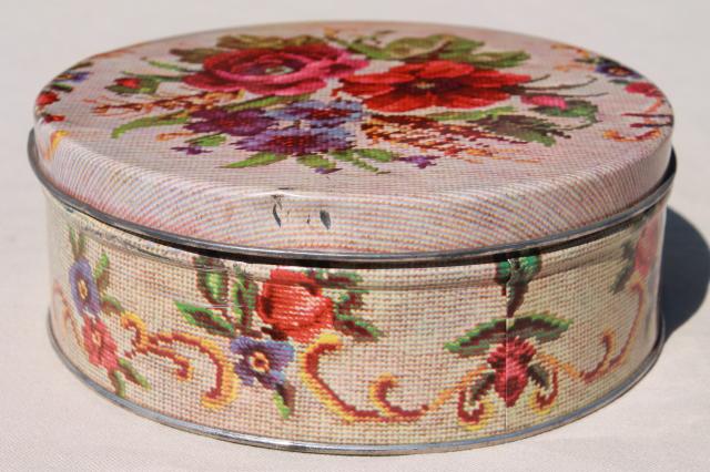 needlepoint print vintage candy tin sewing box, cottage granny chic storage canister