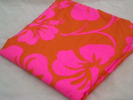 neon orange and pink vintage Hawaiian print fabric, big tropical flowers