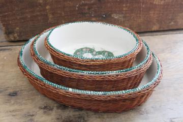 nesting set vintage oven to table stoneware baking dish casseroles w/ woven baskets