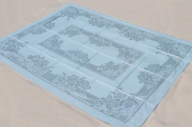 never used 1950s vintage rayon damask tablecloth, silky roses on pale blue