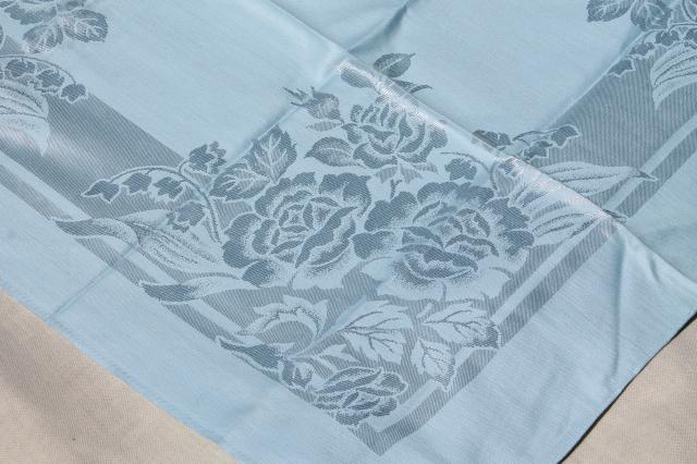 never used 1950s vintage rayon damask tablecloth, silky roses on pale blue