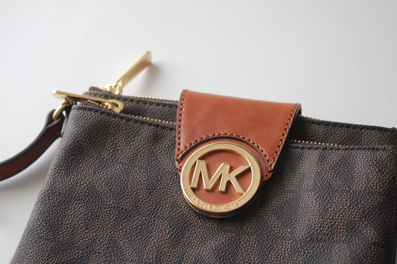 never used Michael Kors large logo Fulton crossbody bag double zip purse signature brown