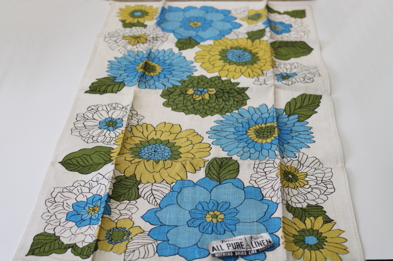 never used pure linen tea towel flower power 60s vintage, Parisian print label