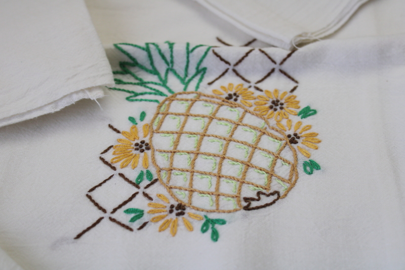 never used vintage cotton flour sack towels fruit embroidery, kitchen towel set of 6