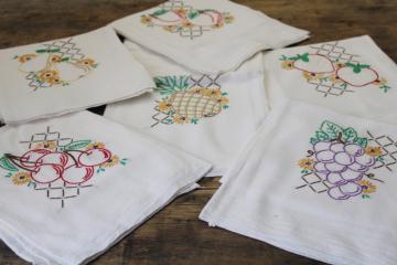 never used vintage cotton flour sack towels fruit embroidery, kitchen towel set of 6