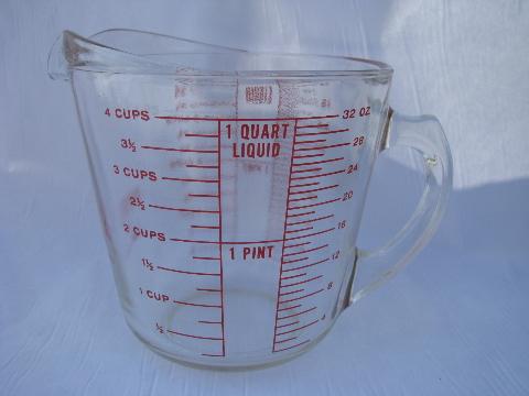 never used vintage kitchen glass measuring cup & quart measure, original Pyrex labels