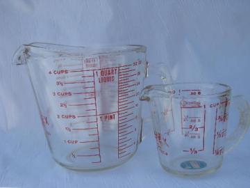 never used vintage kitchen glass measuring cup & quart measure, original Pyrex labels