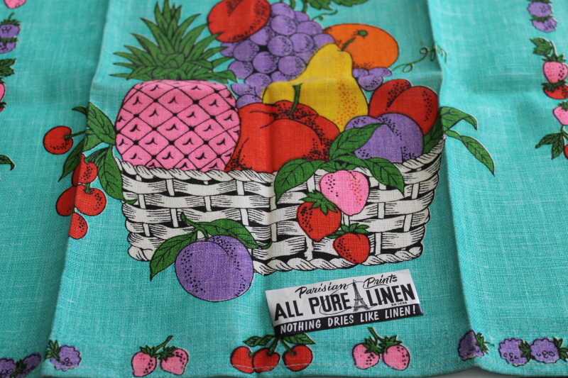 never used vintage pure linen tea towel kitschy tropical fruit print on aqua