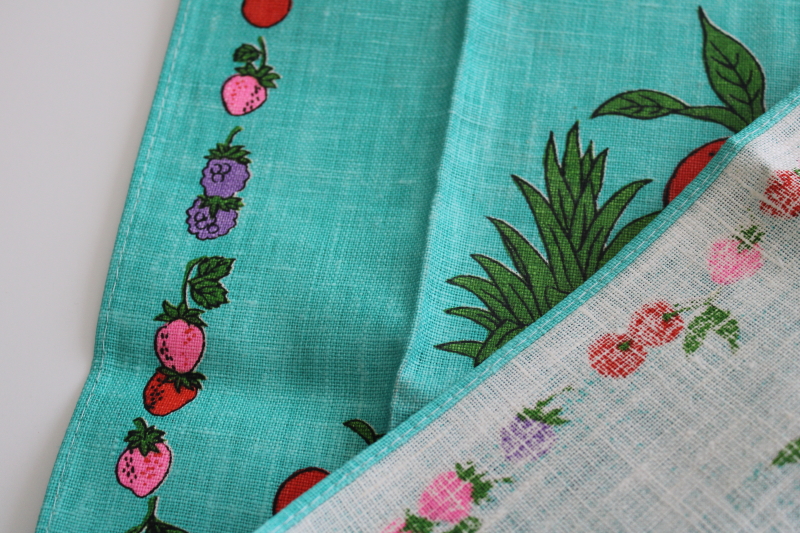 never used vintage pure linen tea towel kitschy tropical fruit print on aqua