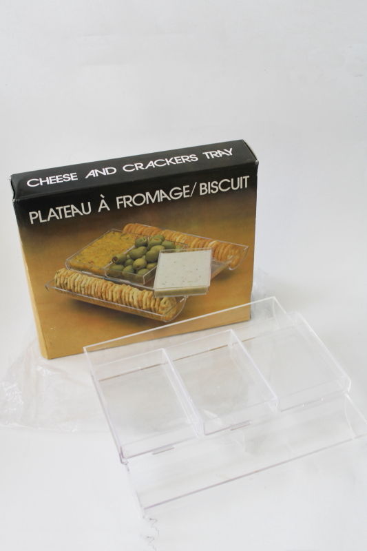 new in box 80s vintage serveware, mod cheese  crackers tray clear acrylic plastic
