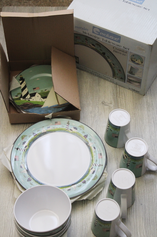 new in box Sakura Coastal Breeze melamine dinnerware, Warren Kimble lighthouse print dishes set