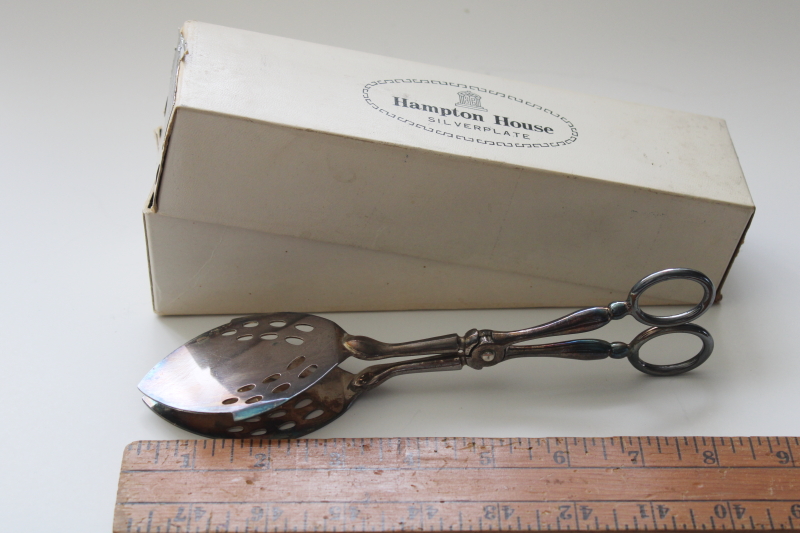 new in box mid century vintage silver plated sandwich tongs, fancy server for tea sandwiches