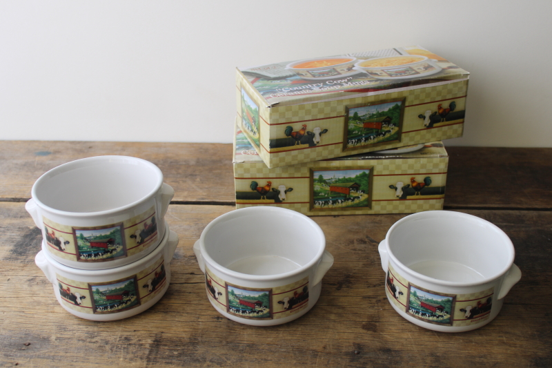 new in box vintage Country Cows farm print soup bowls, deep mug shape w/ handles
