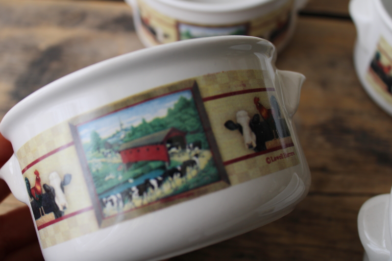 new in box vintage Country Cows farm print soup bowls, deep mug shape w/ handles