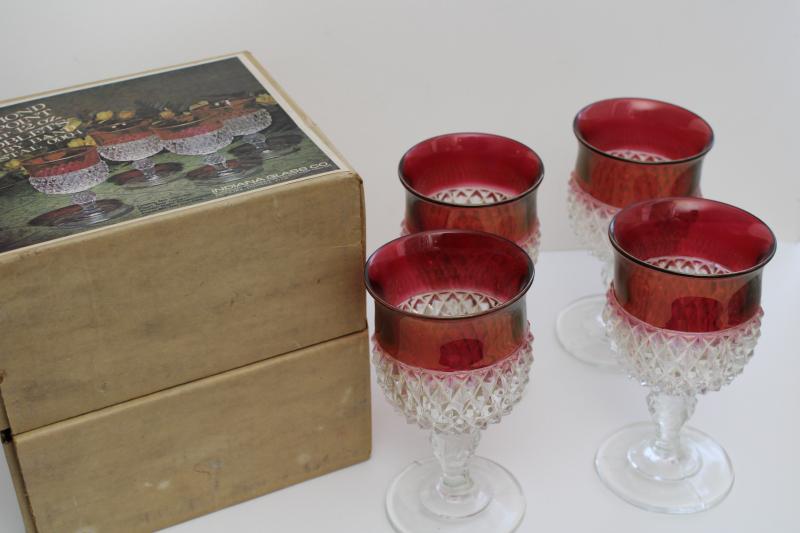 new in box vintage ruby band diamond point Indiana glass goblets, water or wine glasses