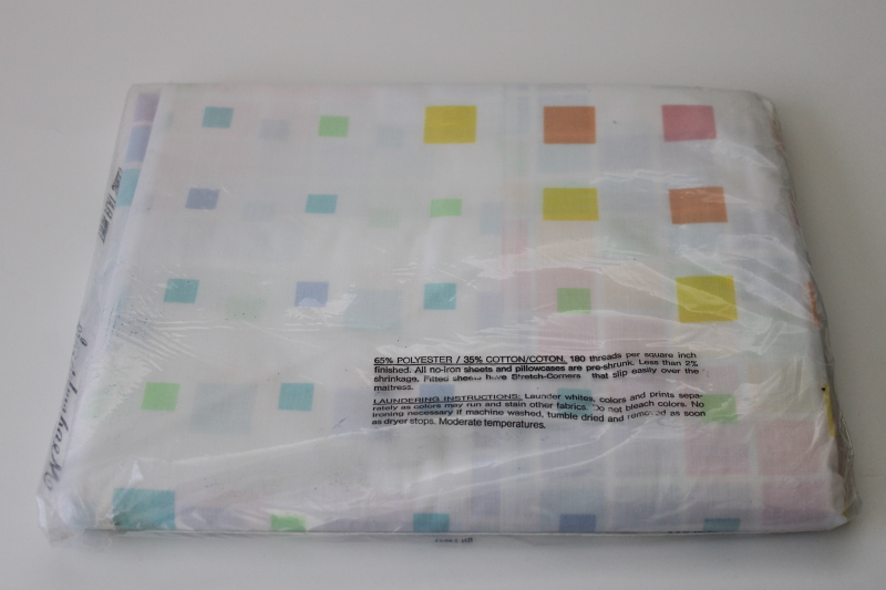 new in package vintage percale bed sheet twin flat, rainbow pastels color blocks print