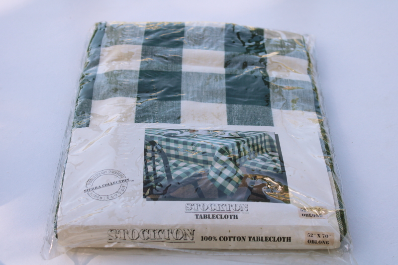 new in pkg vintage cotton tablecloth, French bistro style green white checked tablecloth