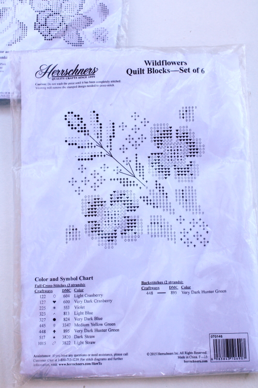 new in pkgs quilt blocks stamped to embroider w/ cross stitch embroidery