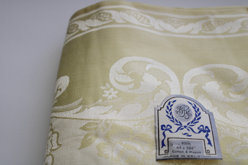 new w/ label vintage Belgian damask tablecloth, butter yellow cotton rayon fabric