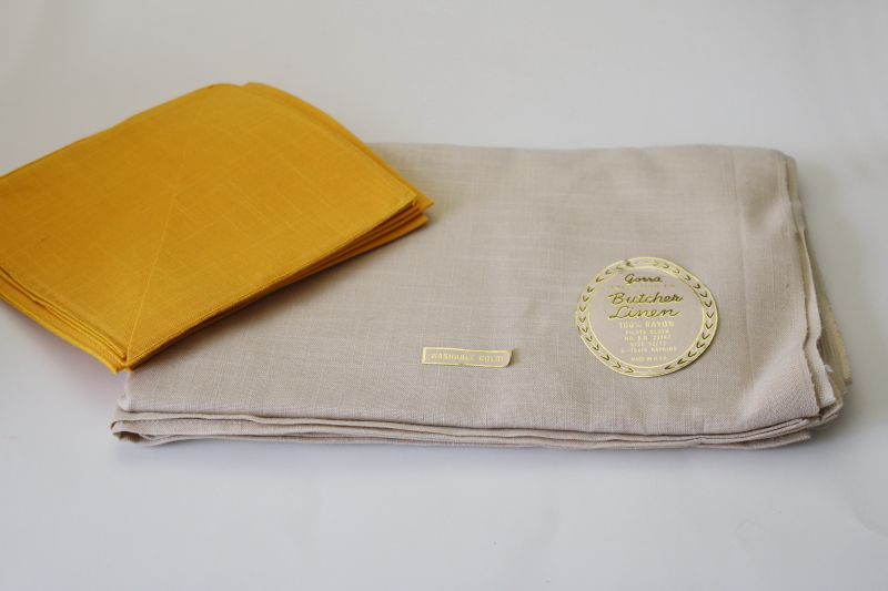 new w/ label vintage linen weave rayon tablecloth  napkins set, natural flax w/ mustard gold