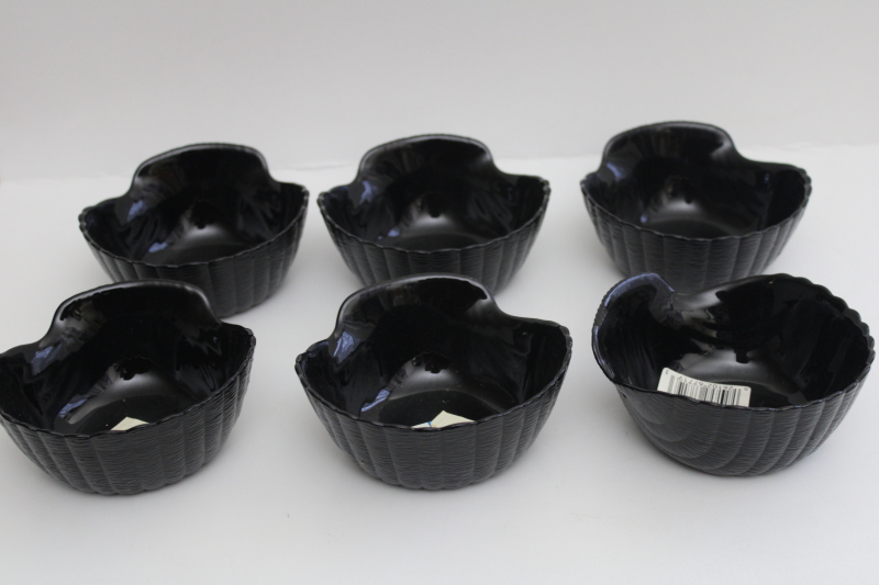 new w/ labels vintage Arcoroc Coquillage sea shell shaped bowls, ebony black glass