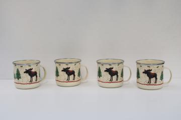 new w/ labels vintage Cabin Creek camp style enamelware mugs, rustic Christmas trees, moose bear