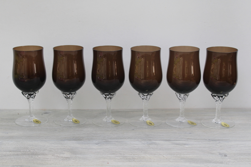 new w/ labels vintage Celebrity crystal water or wine glasses, smoke brown clear twist stem goblets