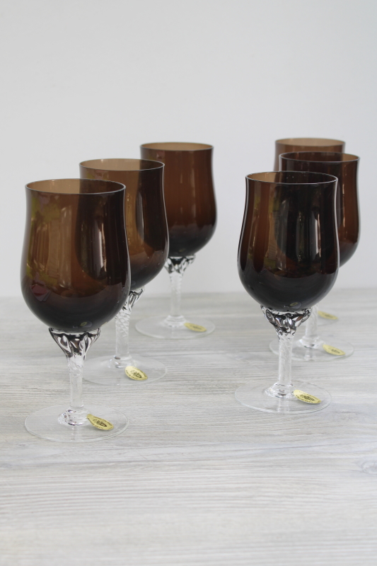 new w/ labels vintage Celebrity crystal water or wine glasses, smoke brown clear twist stem goblets