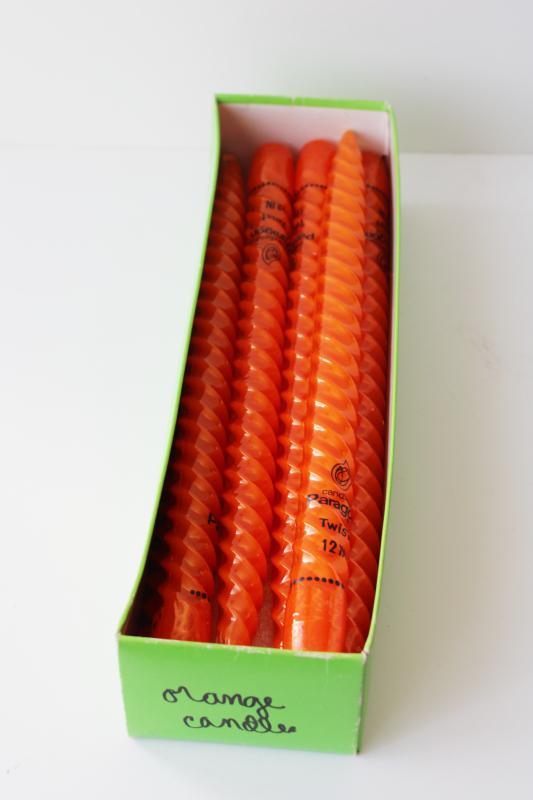 new old stock 70s vintage taper candles, Paragon twist tapers in fire orange