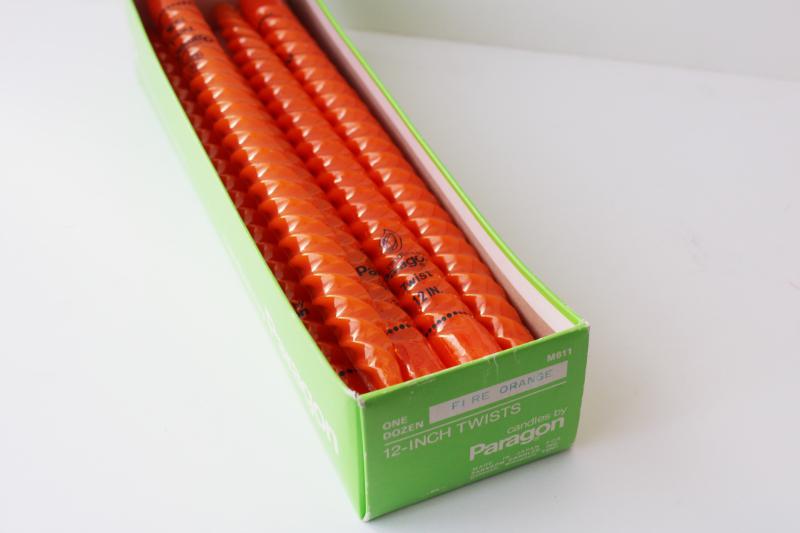 new old stock 70s vintage taper candles, Paragon twist tapers in fire orange