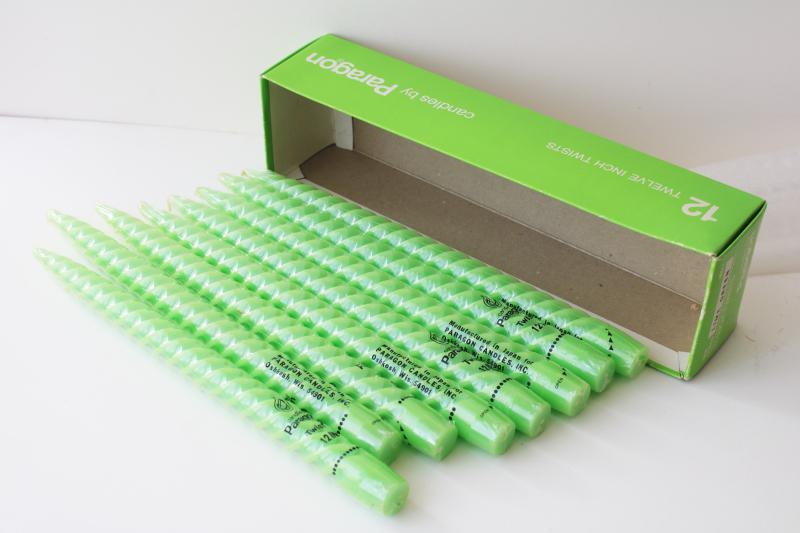 new old stock 70s vintage taper candles, Paragon twist tapers in lime green