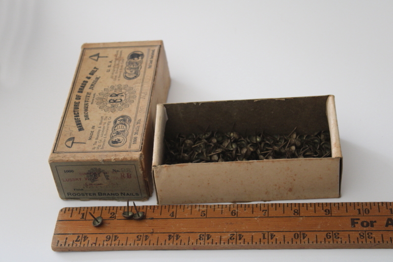 new old stock antique hardware, Rooster Brand box brass plated tacks hammered decorative trim nails
