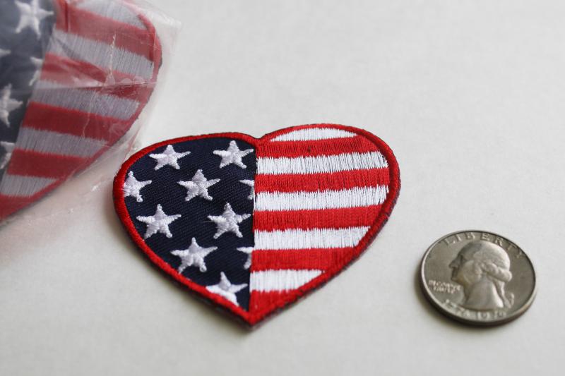 new old stock embroidered applique patches, patriotic American flag hearts love USA