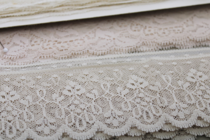 new old stock lot, bolts of lace edgings sewing trim, ecru, ivory, white lace