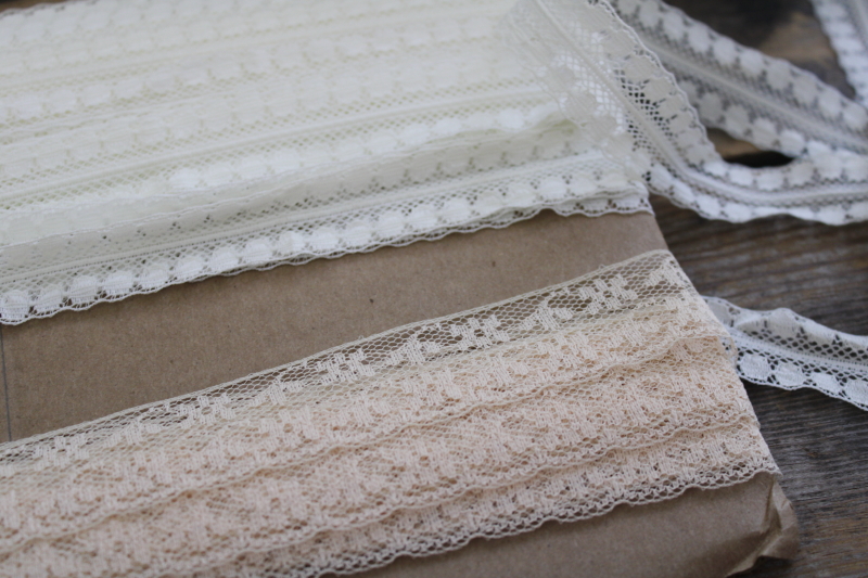 new old stock lot, bolts of lace edgings sewing trim, ecru, ivory, white lace