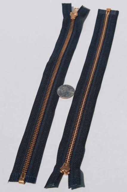 new old stock vintage YKK brass zippers, full open metal zips w/ navy blue tape