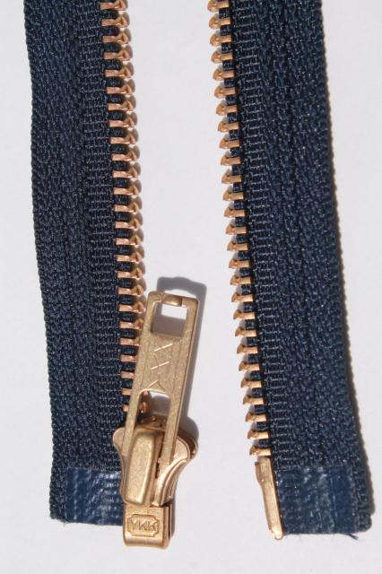 new old stock vintage YKK brass zippers, full open metal zips w/ navy blue tape